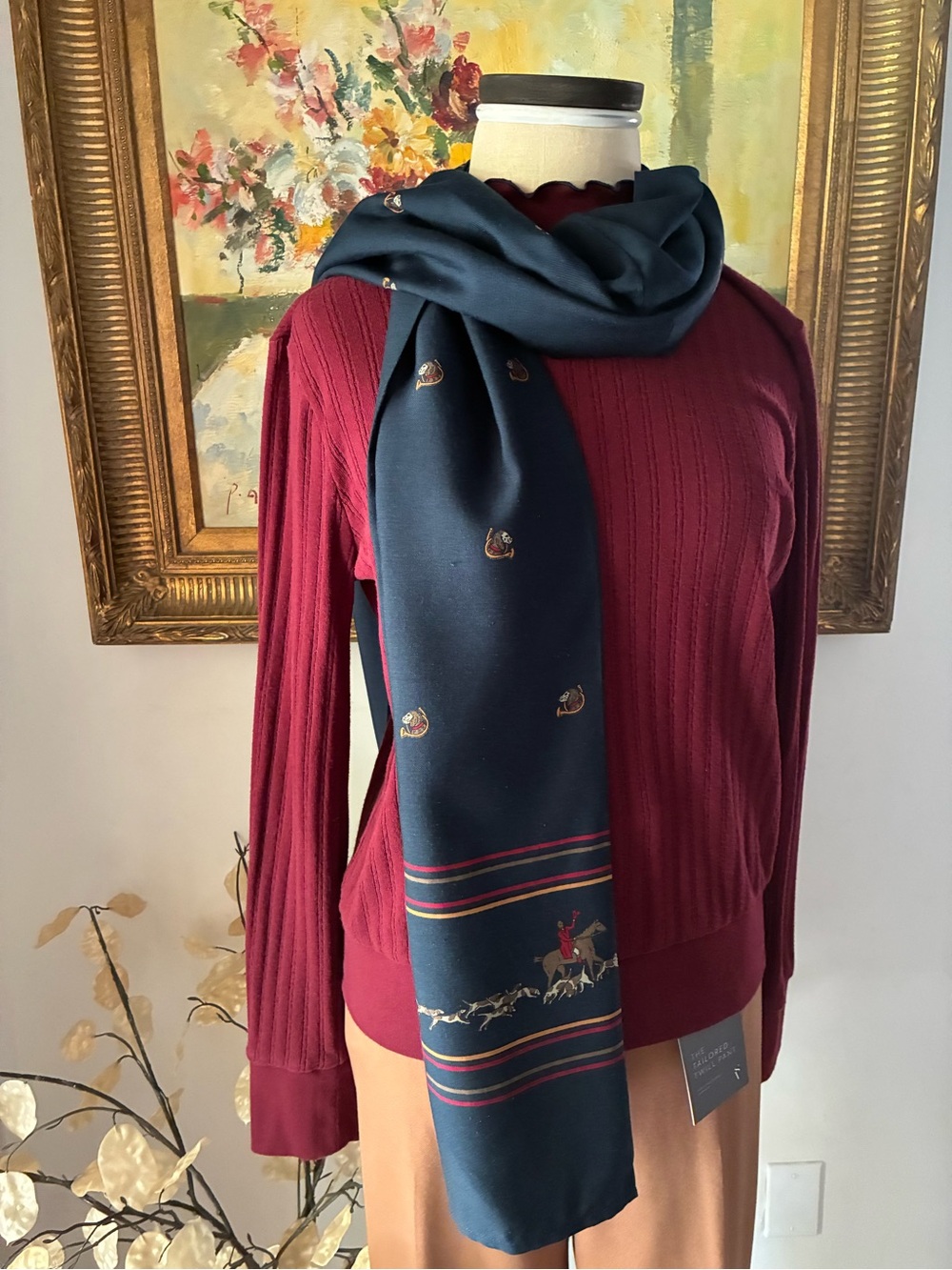 Vintage Hunting Scene Navy and Burgundy Scarf